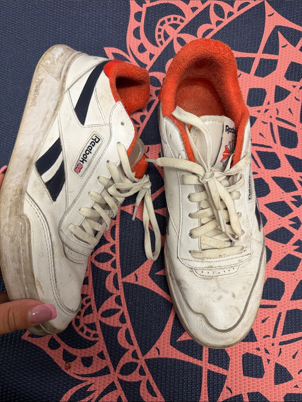 Reebok White Sneakers with Navy Stripes and Orange Lining